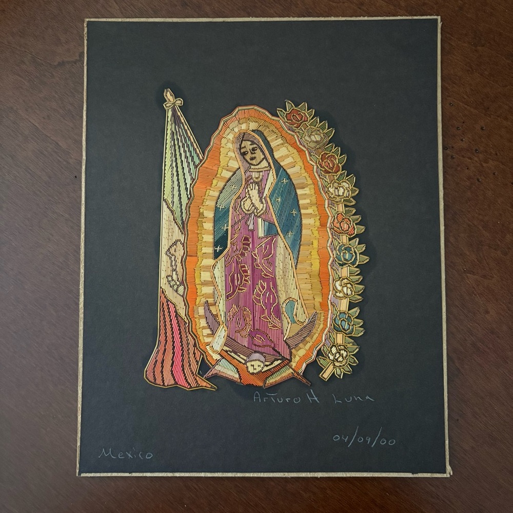 Handcrafted Artist Signed Poptillo Straw Art Virgin of Guadalupe Art Piece